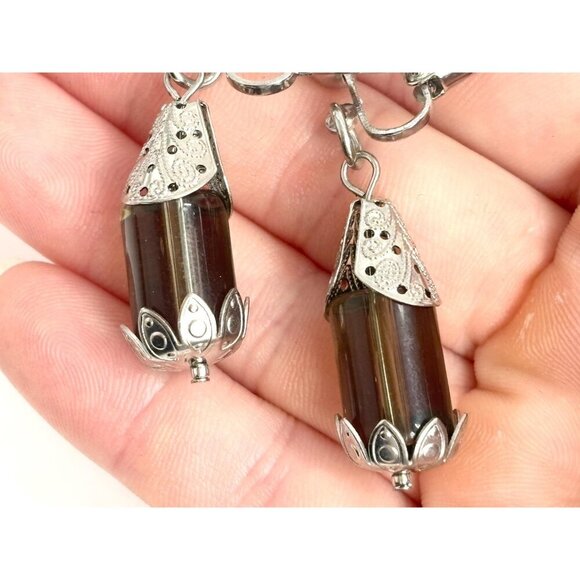 Silver Toned Silver Cylinder Rhinestone Vintage Clip On Dangle Earrings - Picture 7 of 10